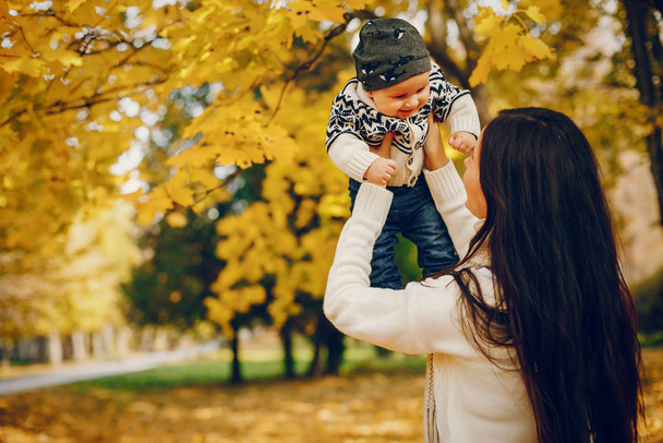 Family with little son in a autumn park - 写真・画像