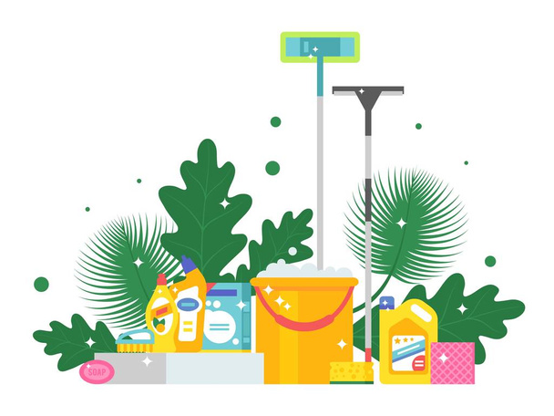 Cleaning products and fresh green leaves, vector illustration. Flat style background with bucket, mop, soap and sponge. Sparkling clean, shiny housekeeping supplies - Vector, Image