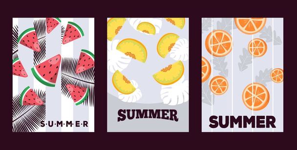 Banner de frutas de verano, ilustración vectorial. Rebanadas jugosas de sandía, melón y naranja. Carteles tipográficos con espacio para copias, pancartas con frutas frescas, campaña de verano
 - Vector, imagen