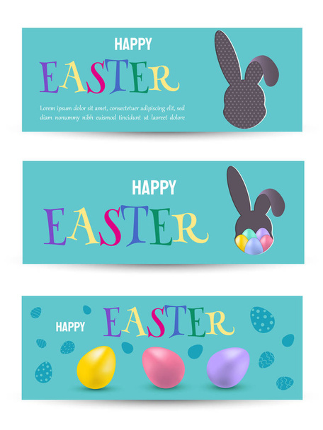 Happy Easter Web Banner With Bunny and Hanging Wood Board. Season Greeting Background Template. Vector illustration - ベクター画像