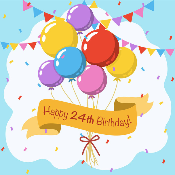 Gelukkige verjaardag, kleurrijke vector illustratie wenskaart met ballonnen, lint, confetti en bloemenslingers decoratie - Vector, afbeelding