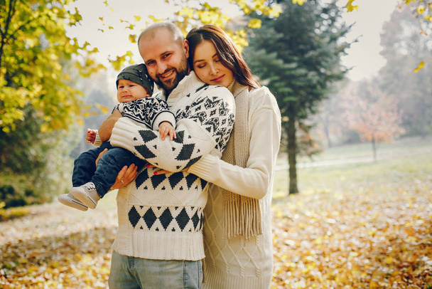 Family with son in a autumn park - 写真・画像