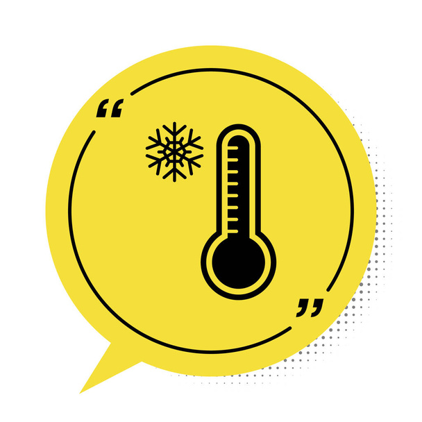 schwarzes Meteorologie-Thermometer, das Hitze und Kälte misst, isoliert auf weißem Hintergrund. Thermometerausrüstung, die heißes oder kaltes Wetter zeigt. gelbes Sprechblasensymbol. Vektorillustration - Vektor, Bild
