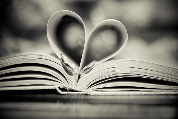 zwei Trauringe in einem Buch platziert, um eine Herzform zu bilden - Foto, Bild
