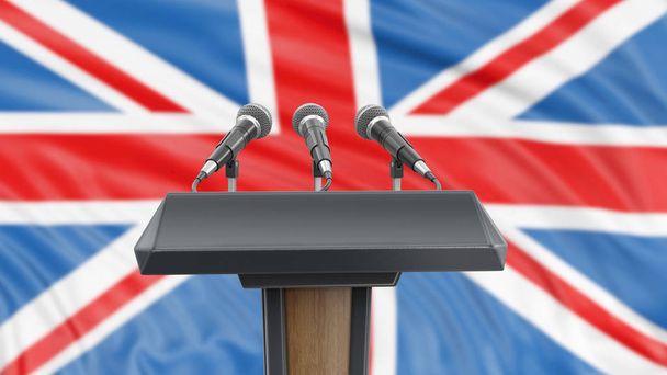 Podium lectern with microphones and British flag in background - Foto, immagini