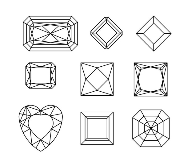Elmas. Mücevher çizgi çizim vektör kümesi. Kristal formları. Değerli ve sahtekar taşlar geometrik şekiller. Takı anahat dağılımı. Geometri rakamlar. Elmas tasarım öğeleri - Vektör, Görsel