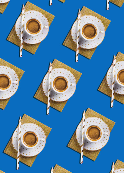 Cup of espresso coffee flat lay pattern on classic blue - Фото, изображение