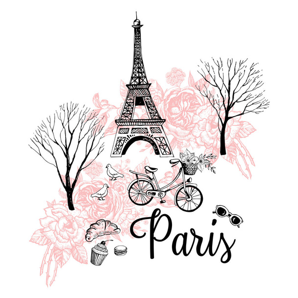 Hand drawing Vintage postcard with Paris Eiffel Tower - Vector, afbeelding