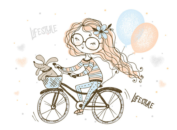 ein Mädchen mit ihrem Vierbeiner fährt ein Fahrrad mit Luftballons. Vektor. - Vektor, Bild