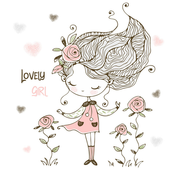 Υπέροχο είναι ένα κοριτσάκι με λουλούδια από τριαντάφυλλα. Διάνυσμα. - Διάνυσμα, εικόνα