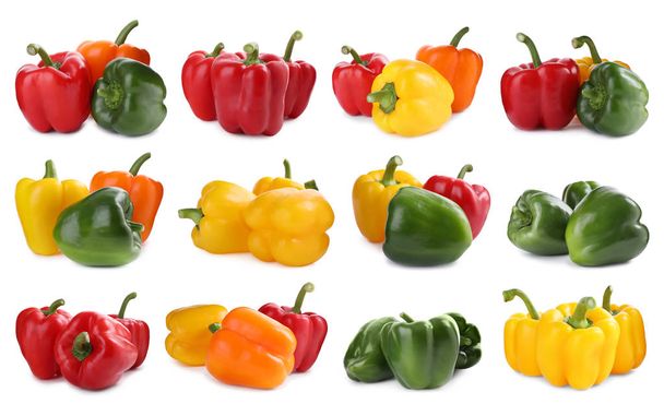 Set of different ripe bell peppers on white background - Foto, imagen