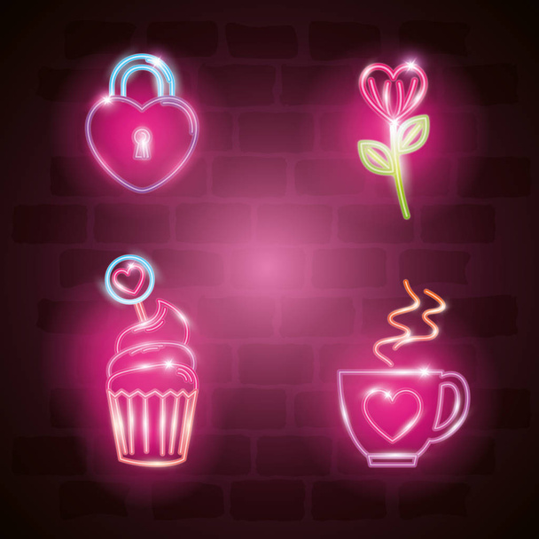 set of valentine icons in neon light - Vector, Image