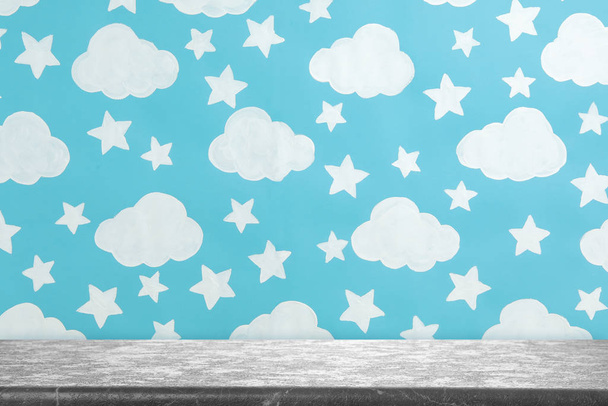 Blue sky painted on wall. Idea for baby room interior - Fotoğraf, Görsel