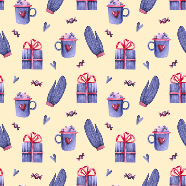Seamless pattern with watercolor knitted mittens, hot cup, candies, hearts, gift. Hand drawn illustration - Photo, Image