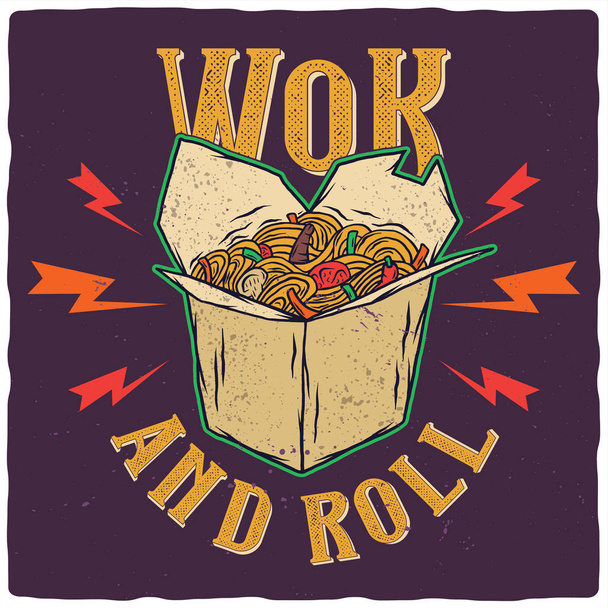 T-shirt or poster design with illustration of isolated wok in the box. - Vektör, Görsel