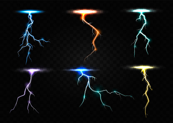 Colored lightning bolt vector set on transparent background. - Vektör, Görsel