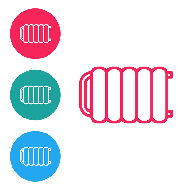 Línea roja Icono del radiador de calefacción aislado sobre fondo blanco. Establecer iconos en botones de círculo. Ilustración vectorial
 - Vector, Imagen