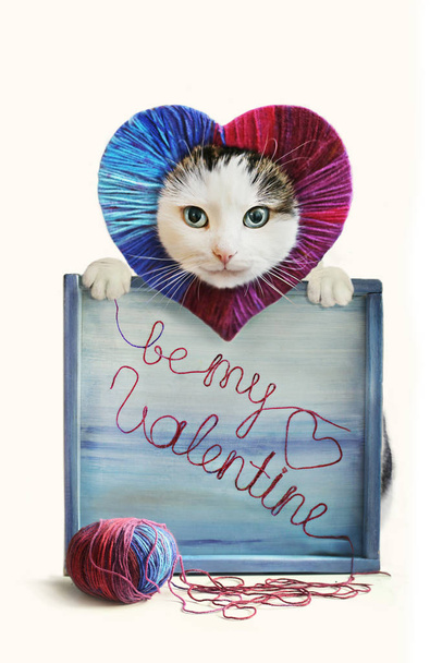 legyen az én Valentin-napi kártyát vicces macska fonal cérna díszített hallani f - Fotó, kép