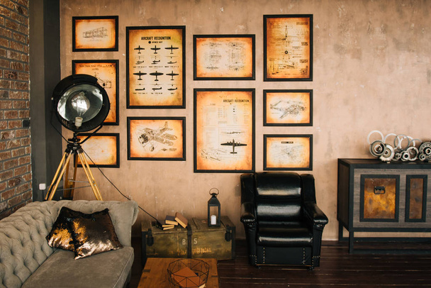 modern luxury living room with stone wall with clock, interior d - Φωτογραφία, εικόνα
