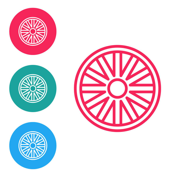 Red line Old wooden wheel icon isolated on white background. Set icons in circle buttons. Vector Illustration - Vector, Image