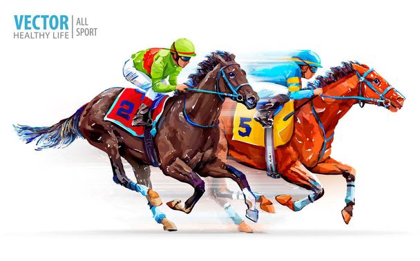 Two racing horses competing with each other. Hippodrome. Racetrack. Equestrian. Derby. Speed. Sport. Champion. Isolated on white background. Vector illustration - Vector, Image