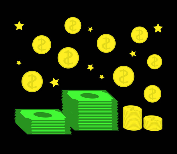 Money and coins on a black background. Vector illustration. - Vector, Image