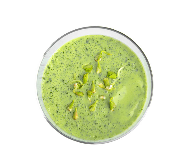 Glass of green buckwheat smoothie isolated on white, top view - Photo, Image