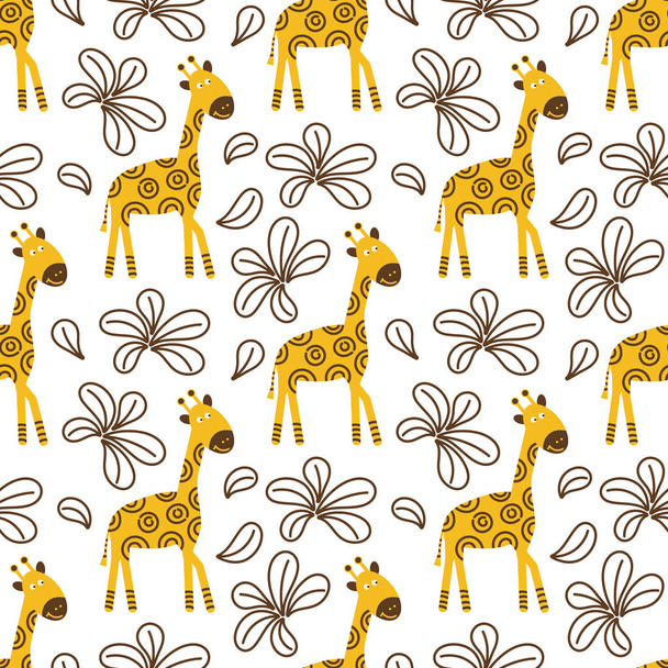 Modello senza cuciture con simpatiche giraffe da colorare e profili floreali su uno sfondo bianco
. - Vettoriali, immagini