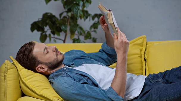 концентрированный человек, читающий книгу, лежа на диване
 - Кадры, видео