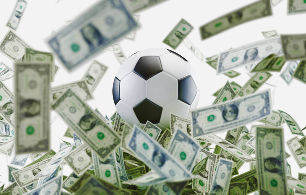 Μπάλα ποδοσφαίρου πάνω από πολλά χρήματα, 3d απόδοση - Φωτογραφία, εικόνα