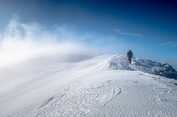 Turista kráčí sám na kraji zimních hor. Bílý prostor pro úpravy - Fotografie, Obrázek