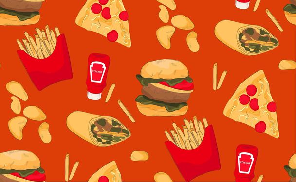 ファーストフードのイラスト:ピザ、フランスのフライドポテト、ハンバーガー、チップ、ブリトーアメリカの食文化テンプレート。ディナーやランチ、オレンジのコントラストの背景にジャンクフードのデザイン - ベクター画像