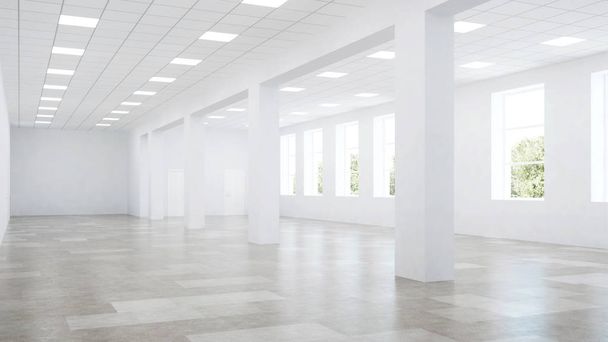 Innenraum eines leer stehenden Geschäftshauses mit weißen Wänden. Büroräume. 3D-Darstellung. - Foto, Bild