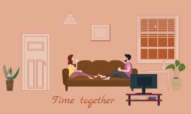居心地の良いソファでかわいい愛情のカップル,お茶や飲み物を飲み、自宅で一緒に食べる.かわいい幸せなカップルの日常生活。男性女性キャラクター。ベクトルイラストフラット漫画 - ベクター画像