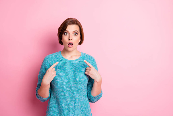 Portrait of her she nice attractive lovely puzzled confused brown-haired girl pointing at herself guilty or innocent asking question isolated over pink pastel color background - Fotoğraf, Görsel