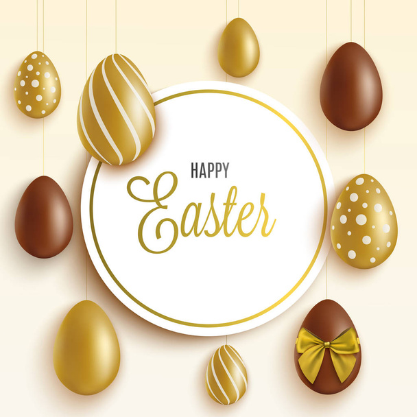 Happy Easter - holiday greeting card with gold and brown chocolate eggs - Vektor, kép