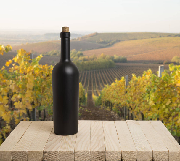 緑の葉とワインのボトルがテーブルの上にあるブドウ畑の日当たりの良い風景 - 写真・画像