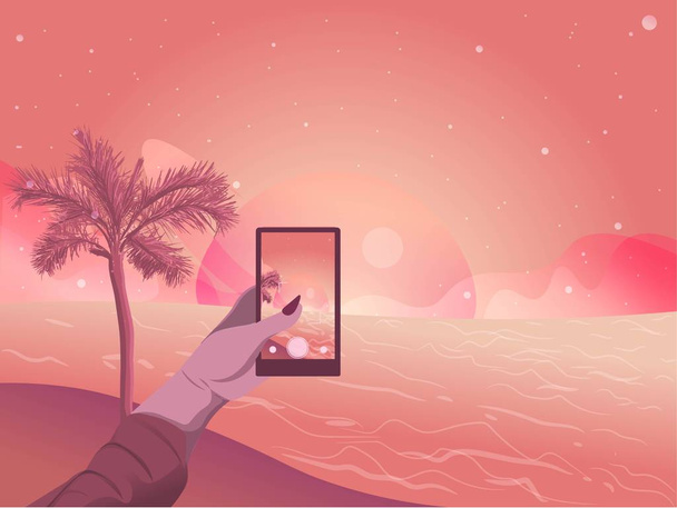 Плоская иллюстрация женской руки, фотографирующей закат на пляже. Летнее небо и звезды
  - Вектор,изображение