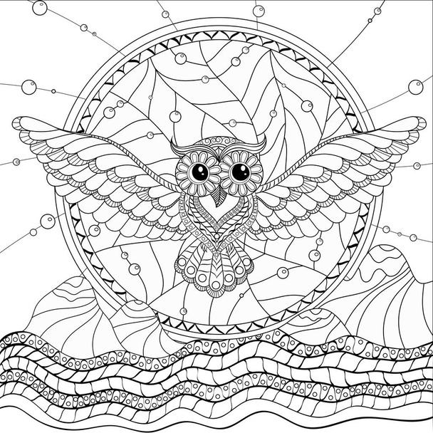 Antistress coloring book with flying owl and dream catcher. - Wektor, obraz