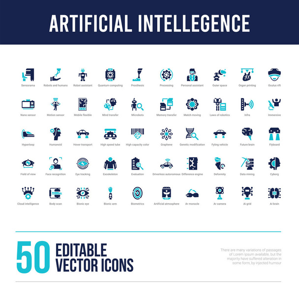 50 ikon wypełnionych sztuczną inteligencją - Wektor, obraz