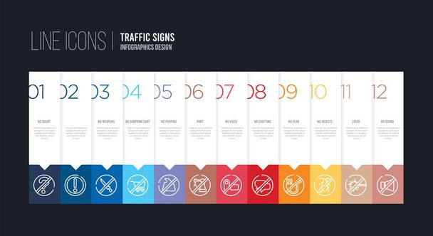 infografikai tervezés 12 opcióval. stroke vonal ikonok, mint például po - Vektor, kép