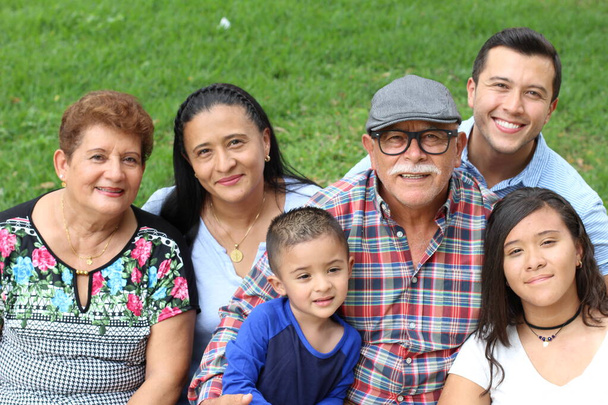 portrait de groupe de la famille heureuse dans le parc sur fond d'herbe verte - Photo, image