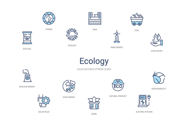 ecology concept 14 colorful outline icons. 2 color blue stroke i - Vector, Image