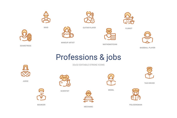 professions & jobs concept 14 colorful outline icons. 2 color bl - Vector, Image