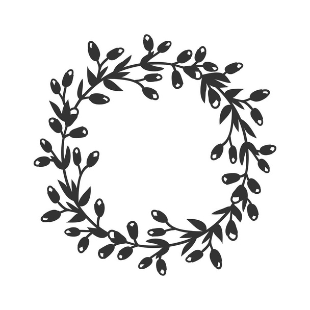 Hand drawn wreath for design use. Black Vector doodle flowers on white background. Abstract pencil boho drawing branch circle. Artistic illustration elements plant and bloom - Vektor, obrázek