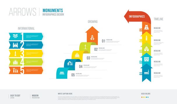 arrows style infogaphics design from monuments concept. infograp - Vector, Image