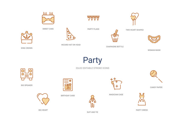 party concept 14 colorful outline icons. 2 color blue stroke ico - Vector, Image