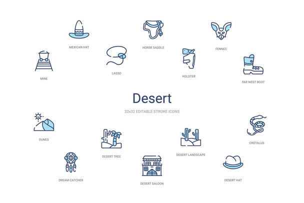 koncepcja pustyni 14 kolorowe ikony zarysu. 2 niebieski kolor skoku ic - Wektor, obraz