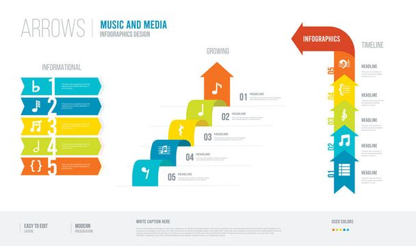 音楽やメディアの概念からの矢印スタイルのインフォグラフィックスのデザイン。中に - ベクター画像