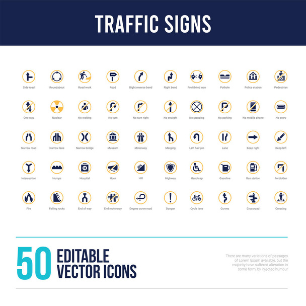50の交通標識の概念のアイコンを記入 - ベクター画像